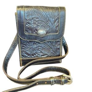 American West tooled leather dark brown carved Crossbody bag handbag purse